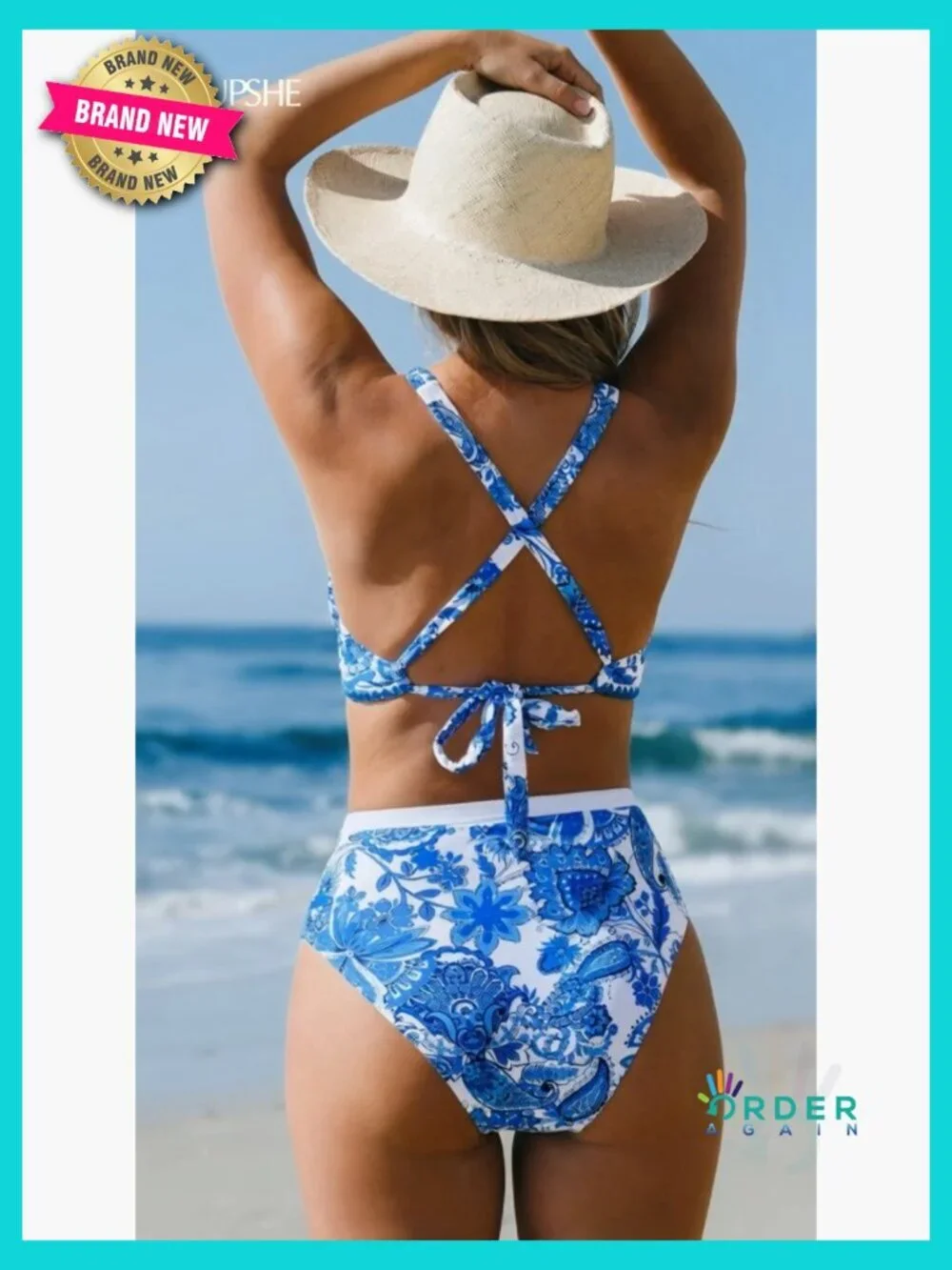 V Neck Crisscross Back High Waisted Bikini Set Removable Cups UPF 50+